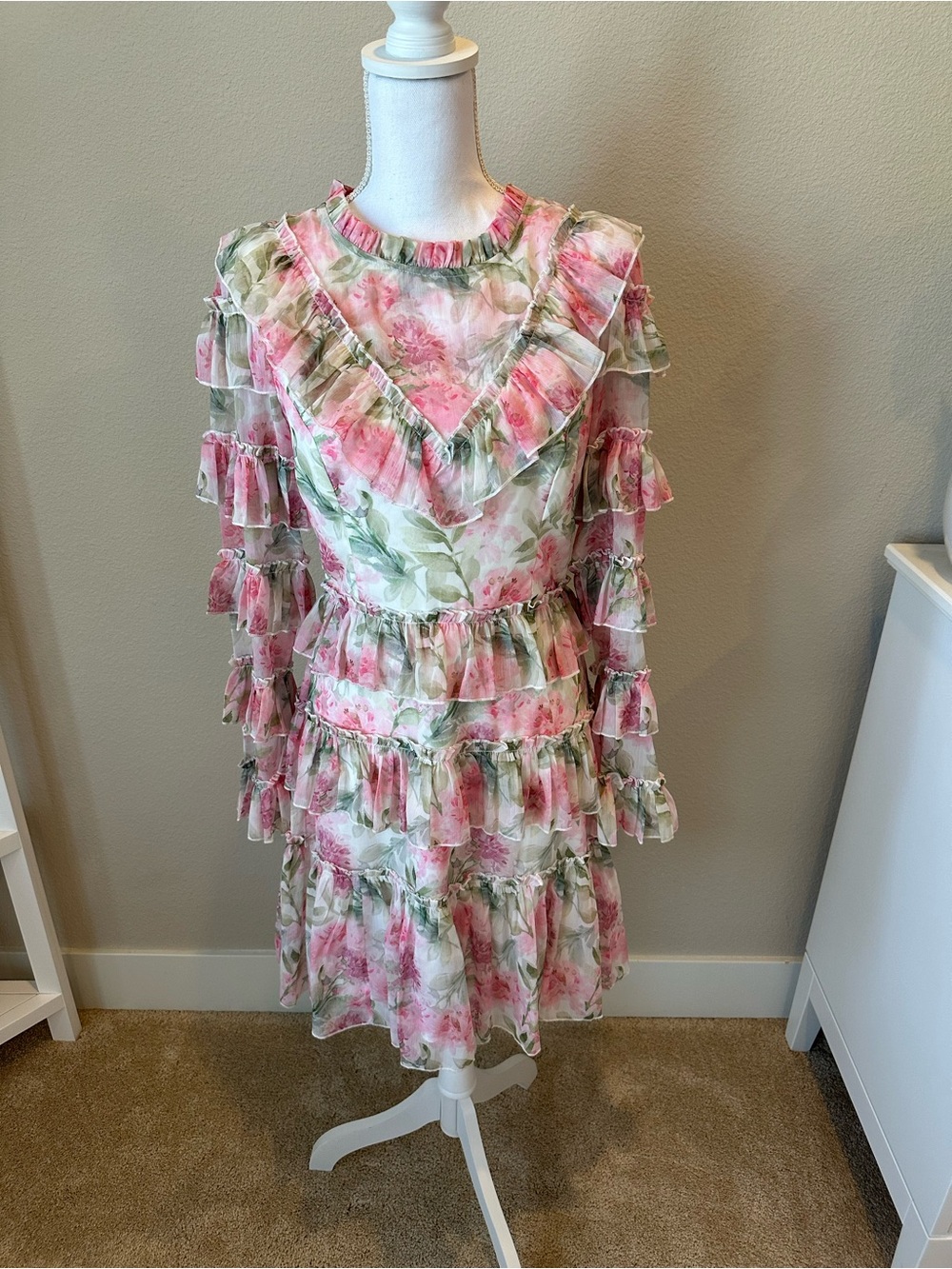 Ivy City Co Floral Ruffle Dress - Pink, Green & Cream